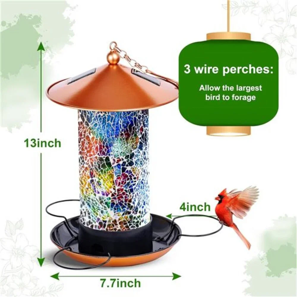 Mosaic Solar Wild Bird Feeder,Waterproof Lantern Shape with S-Hook & 4 LED Light
